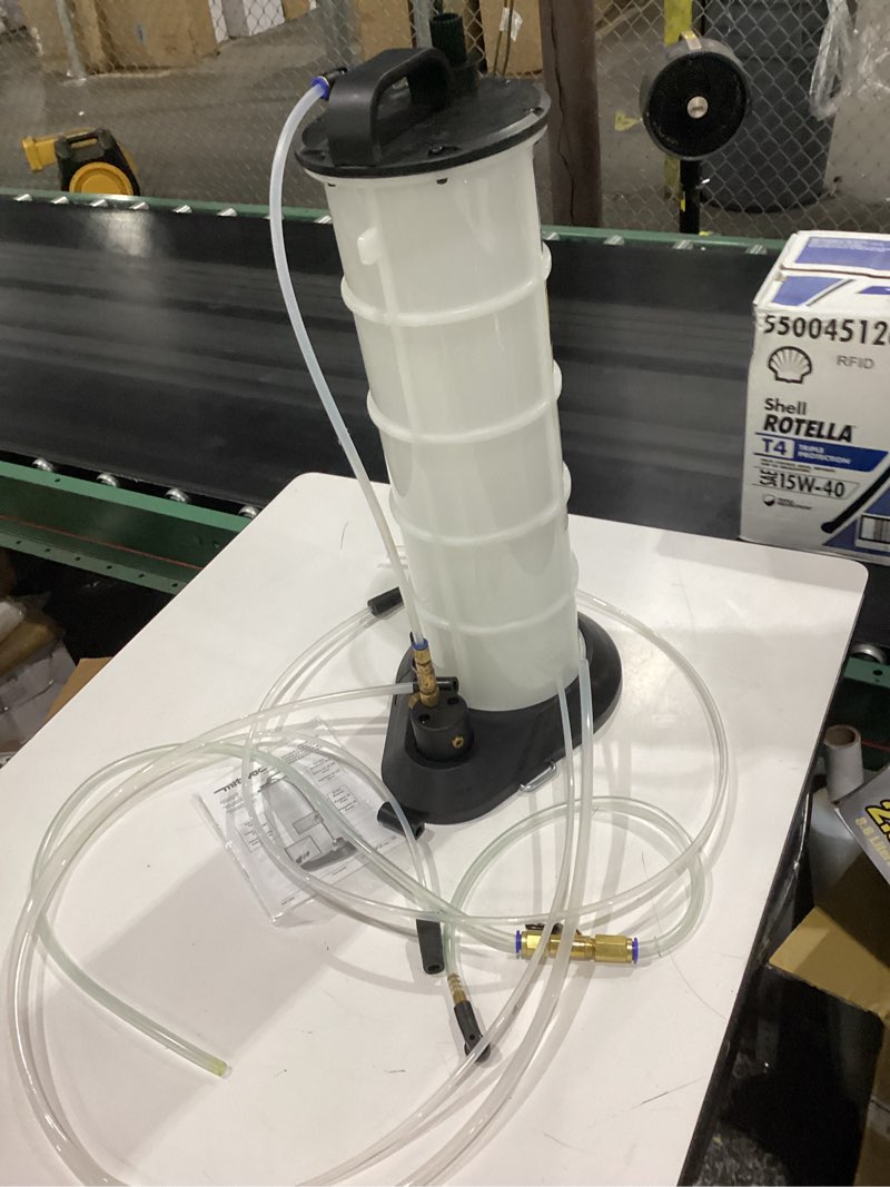 Condition photo showing New/Like New for mityvac mv7300 pneumatic 2.3 gallon venturi vacuum pump fluid evacuator, uses compressed air, chemical-resistant polyethylene, air shut-off valve, overflow prevention, quick-drain spout, large base
