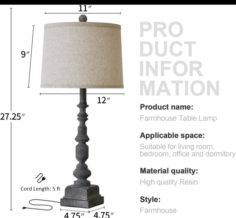 Oneach 27.75" Vintage Farmhouse USB A+C Table Lamps Set of 2 for Living Room Traditional Bedside Lamps for Bedroom Office Mid Century Table Lamp Antique Grey Accent Rustic Lamps for End Table 4-Antique Grey with USB A+C Port
