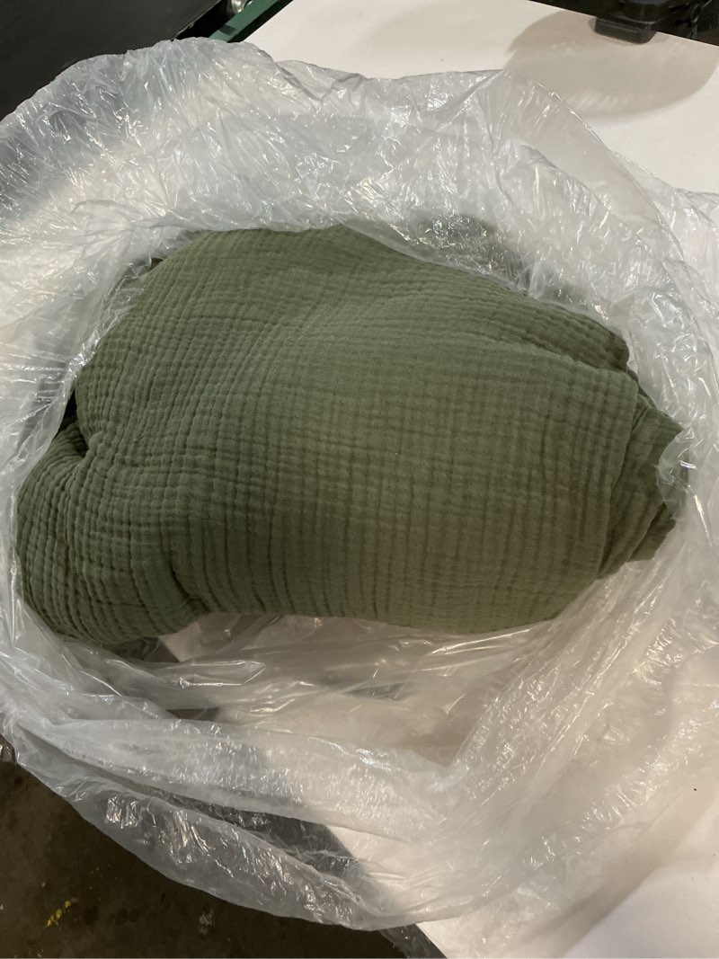 Condition photo showing As Is for quince organic cotton gauze blanket, king/cal king, olive green