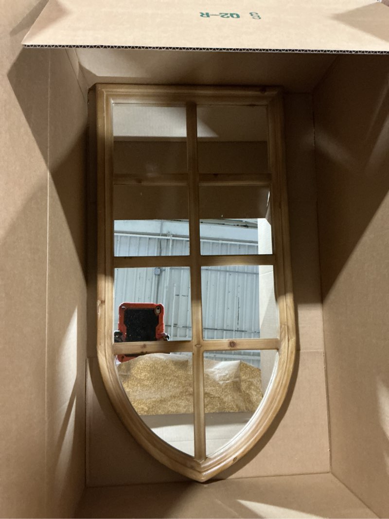 Condition photo showing Good Condition for Farmhouse Cathedral Window Pane Mirror Wall Decor 18 X 36 Inch, Hanging Distressed Wood Arched Window Mirror, Decorative Wall Mirrors for Living Room Bedroom Entryway Style1