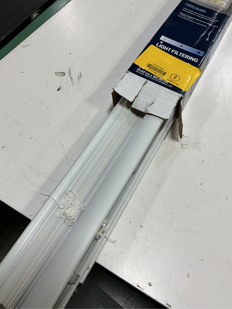 Condition photo showing As Is for cordless 1" mini blind, 36" wide x 64" long, white