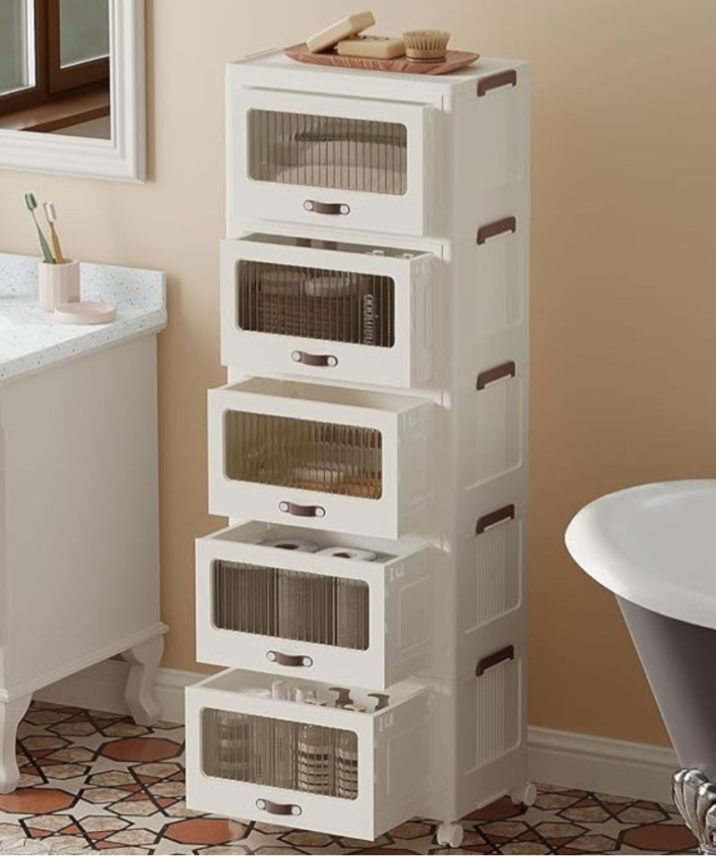 HOOBRO Plastic Storage Bins with Lids, 4 Tiers Stackable Storage Bins with Drawers and Wheels, Collapsible Closet Organizer and Storage, for Home Office, Dorm, Cream White WG440CW01