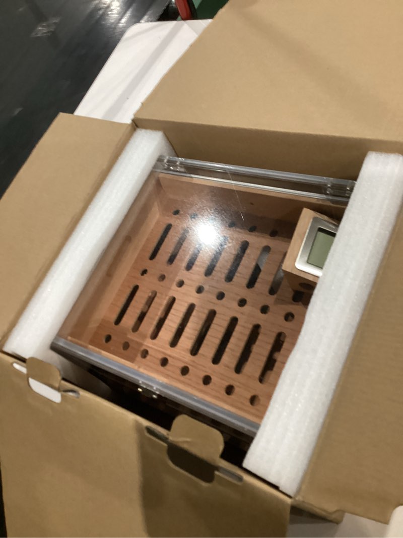 Condition photo showing New/Like New for vallume acrylic humidor box,high-definition transparent cigar case,lock latches and 90-degree opening hinges cigar box,cigar accessory drawer,digital hygrometer and humidifier,holds about 50-60 cigars large size