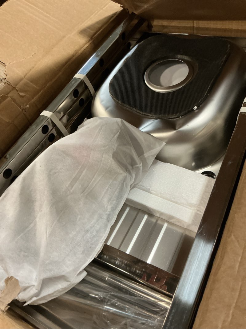 Condition photo showing As Is for free standing single bowl kitchen sink, lightweight stainless steel utility sink with dual-inlet design faucet for kitchen, garage, backyard sink001