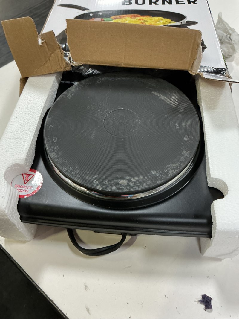 Condition photo showing As Is for elite gourmet esb-301bf# countertop single cast iron burner, 1000 watts electric hot plate, temperature controls, power indicator lights, easy to clean, black
