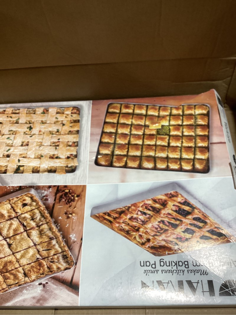 Condition photo showing Good Condition for Hakan Aluminum Half Sheet Baking Pan 14x18-inch, 2.2lbs Weight, Thick Rust-Free Bakeware, Wrap Resistant Food Grade Aluminum Baking Tray, Cookie Sheet Oven Tray, Heavy-Duty Baklava Tray, Silver