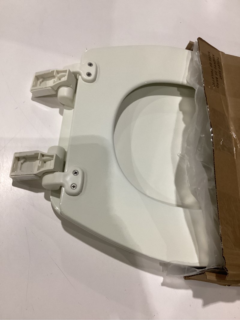 Condition photo showing As Is for bemis ashland modern wood toilet seat with decorative edge, slow close, secure hinges, made in usa, round, biscuit round biscuit