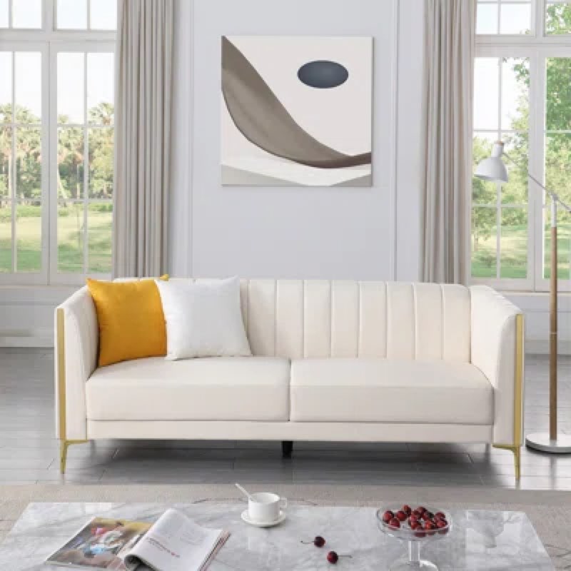 Dreiling 77.6"W Faux Leather Tuxedo Arm Sofa, 3 Seat Sofa with 2 Throw Pillows