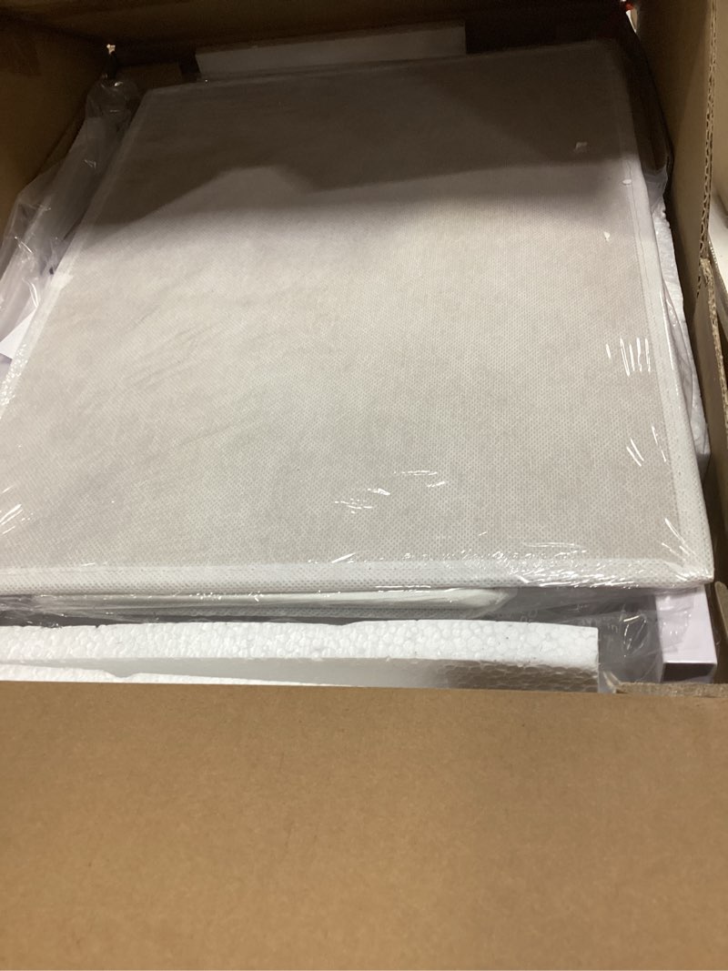 Condition photo showing New/Like New for furnulem white dresser with 5 drawers, vertical storage tower fabric dresser for bedroom, hallway, entryway, nursery, closet organizer, nightstand bedside table furniture, sturdy steel frame, wood top white 5 drawers