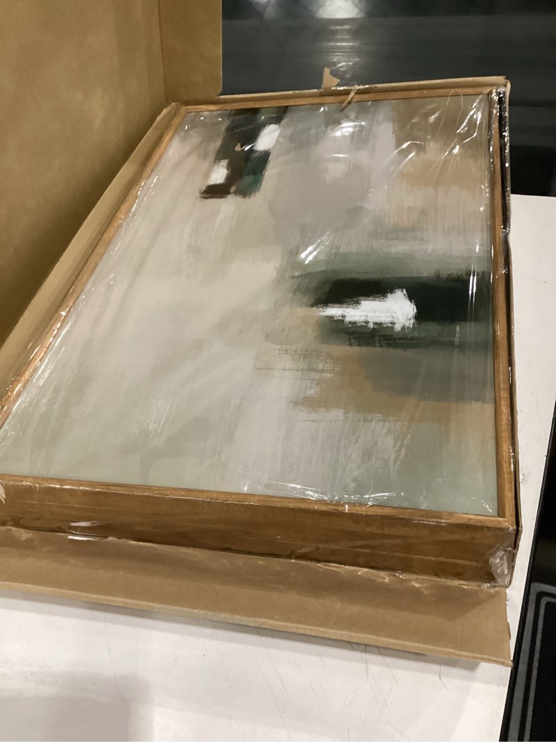 Condition photo showing Good Condition for large abstract green brown framed canvas wall art,modern brush stoke wall decor,neutral beige grey painting,rustic minimalist artwork for living room,bedroom,dining room,office -16"x24"x3 abstract green brown wall art 24"l x 16"w