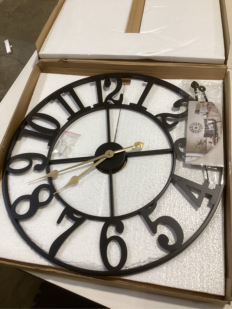 Condition photo showing Good Condition for leike large wall clocks for living room,silent,non ticking,battery operated oversized vintage round modern metal wall clock for bedroom,farmhouse,office home decor-24 inch(black-arabic number) 24 in black metal-arabic number