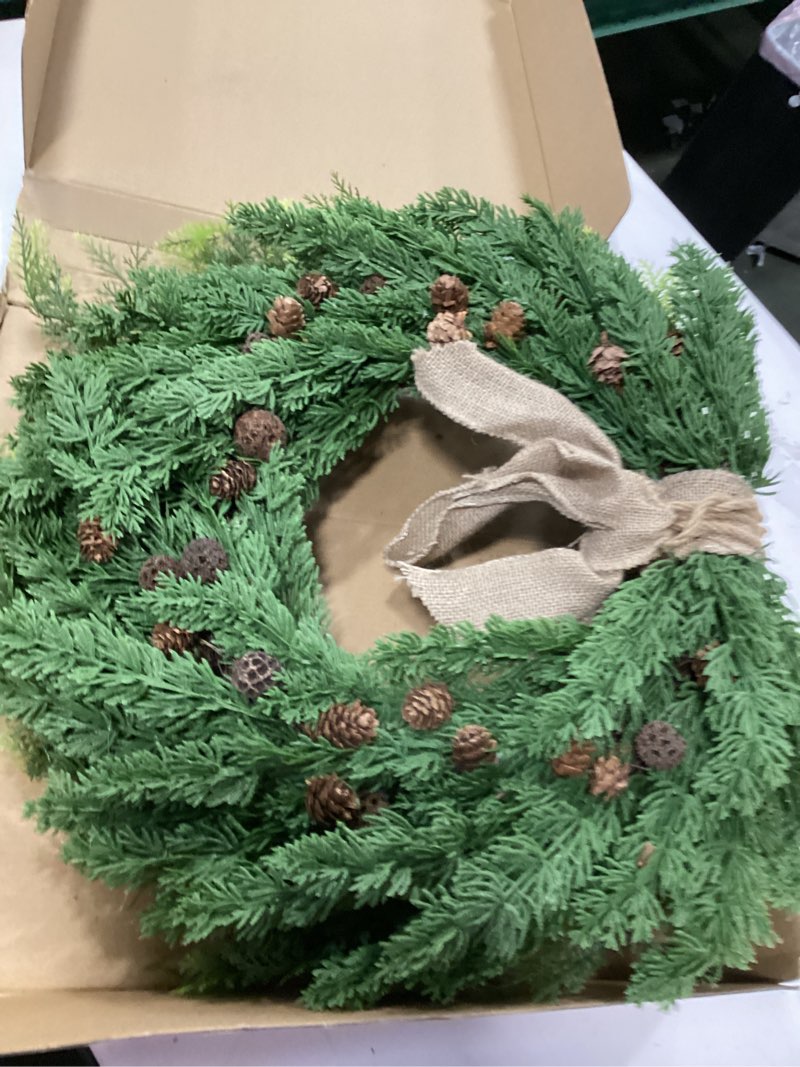 Condition photo showing As Is for ECLECTICIA Christmas Wreath-21Inch Cypress Wreath with Bells,Bow,Pinecones,Artificial Christmas Wrea