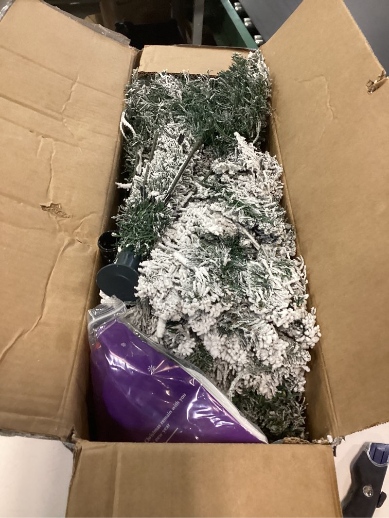 Condition photo showing As Is for 6 FT Prelit Snow Flocked Christmas Tree, Artificial Spruce Christmas Tree with 250 Warm White LED Lights, 600 PVC Branch Tips, Easy Assembly/Metal Stand/Hinged Branches Decoration Snow Warm White 6ft