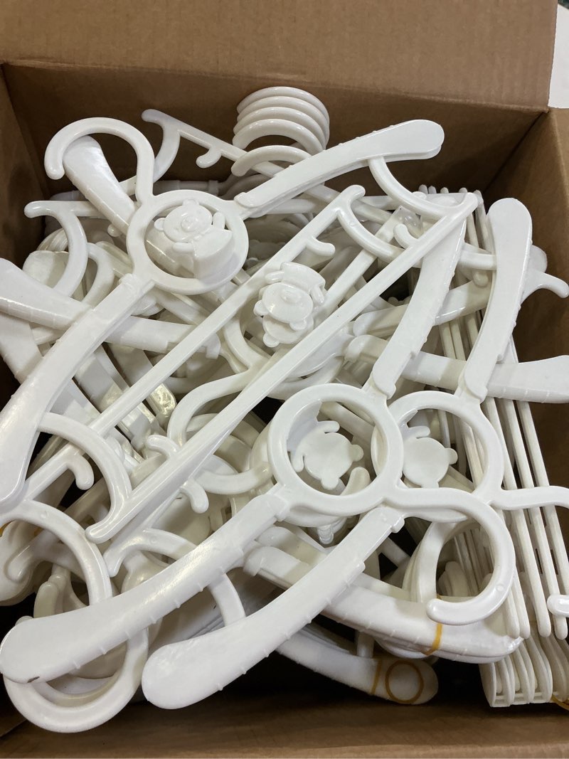 Condition photo showing Good Condition for hgyze baby hangers for closet 50pcs, white kids clothes hanger plastic, 11-14" adjustable bulk perchas for newborn, non-slip children outfit bear hanger for girl boy toddler infant nursery clothing 50pcs white