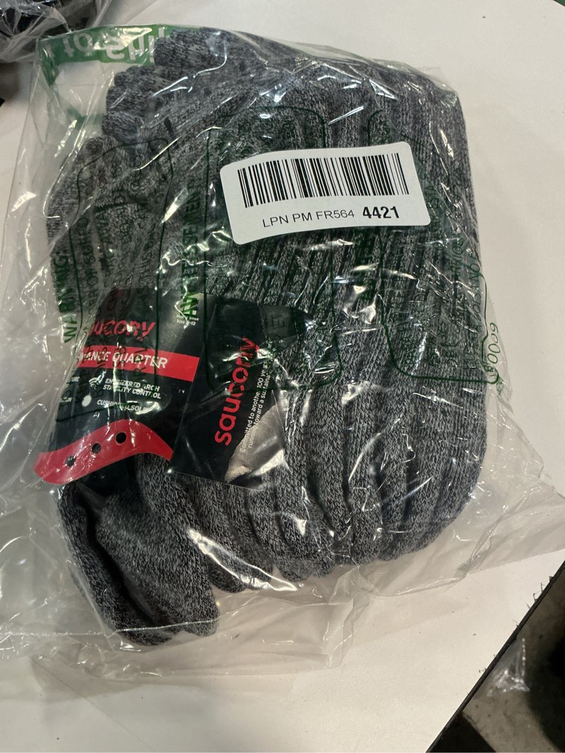 Condition photo showing Good Condition for saucony men's rundry bolt performance quarter socks, available in l-xl (6, 12 pairs) black white marl (6 pairs) large