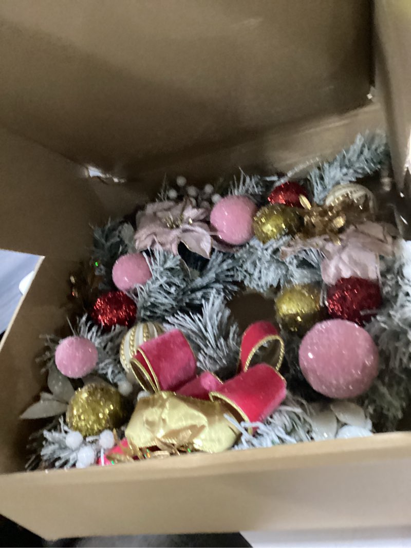 Condition photo showing Good Condition for 28" Prelit Pink Christmas Wreath for Front Door, Handmade with Faux Flocked Pine Branch Christmas Flower Ornament Bow, Winter X'Mas Holiday Decoration for Home Door Porch Wall Indoor/Outdoor