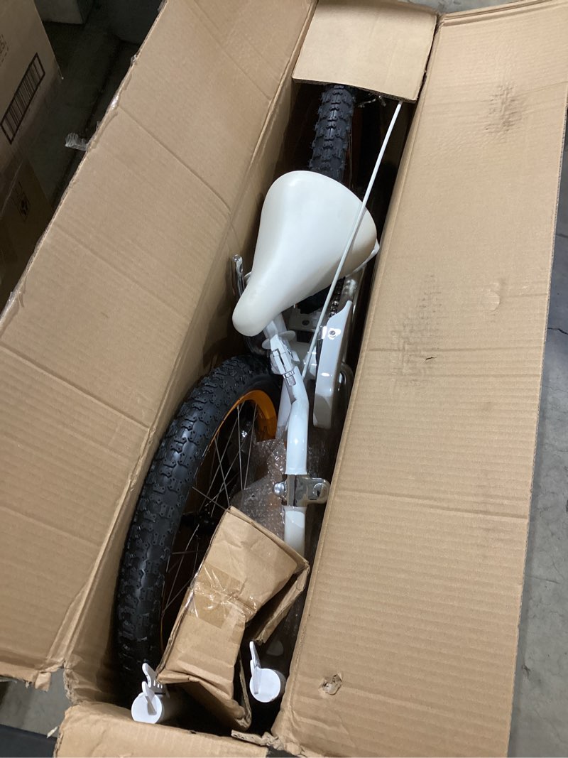 Condition photo showing As Is for 14/16/18 inch children’s bike for toddlers kids ages 3-9, safe non-slip tires, removable training wheels, coaster brake, easy assembly, perfect for boys and girls, orange 18"