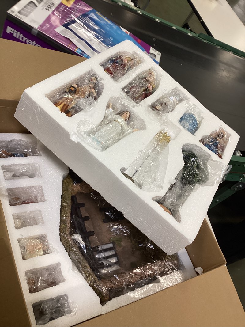 Condition photo showing New/Like New for Fovths 17 Pieces Lighted Nativity Christmas Nativity Stable Manger Religious Nativity Stable Manger Figurine Resin Decor for Deluxe Edition Led Nativity Tabletop Holiday Centerpieces Decor, 7 Inch