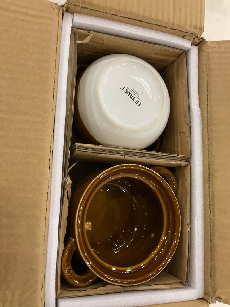Condition photo showing New/Like New for LE TAUCI French Onion Soup Bowls with Handles, 22 Ounce Ceramic French Onion Soup Crocks Oven Safe Serving Bowls for Soup, Chili, Beef Stew, Cereal, Pot Pies, Set of 4 22 OZ