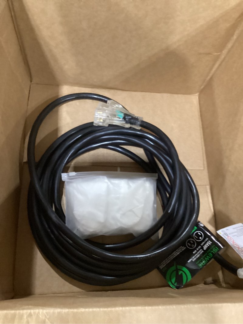 Condition photo showing Good Condition for 25ft 10 gauge outdoor extension cord with multiple outlets, heavy duty waterproof 3 prong power cord with lighted 3-outlets, 15a 1875w black extension cord for garage, garden, jobsite, etl listed black 25ft