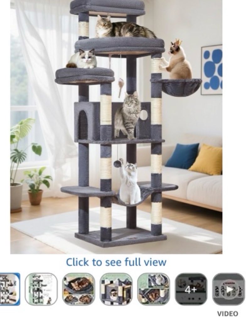 taoqimiao 71 inches cat tree for large cats 20lbs+, 3 giant perches, multi-level cat tree tower, widened cat condo with 9 scratching posts, luxurious hammcock & basket, smoky gray, ms034g