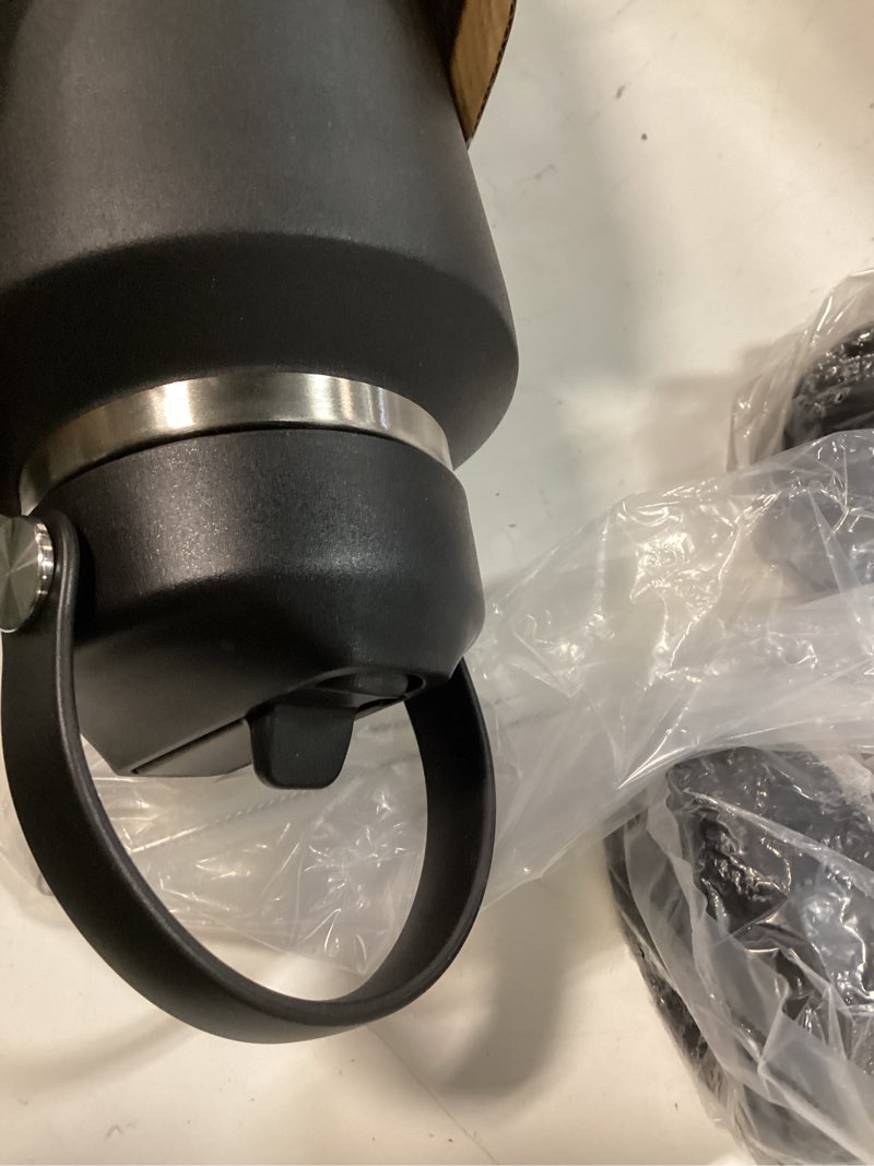 Condition photo showing Good Condition for hydrowion 32 oz insulated water bottle, car water bottle holder - double wall vacuum insulated travel bottle with straw lid, spout lid and flex cap - cold for 24h, hot for 12h, black bj-black 32 ounces