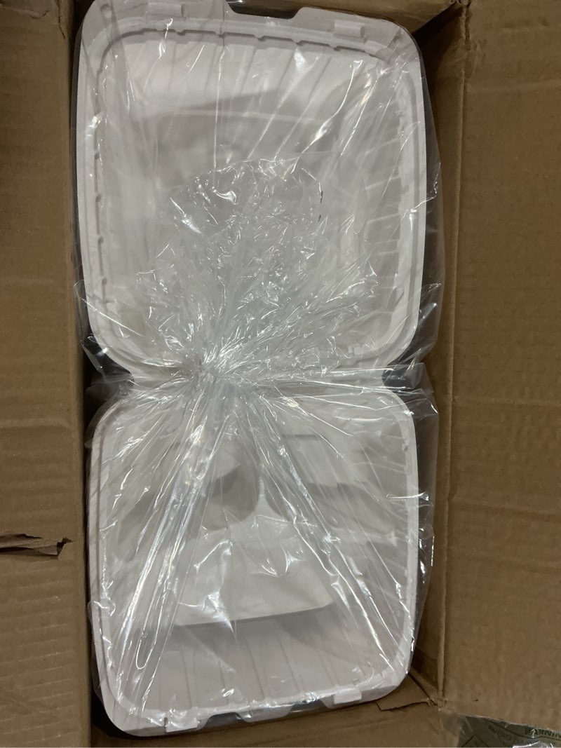 Condition photo showing Good Condition for 8x8" 3compartment 50-pack plastic clamshell take out food containers, heavy duty to-go disposable lunch box for cake, sandwich, salad, dessert, restaurant meal prep packaging catering hinged container 883c