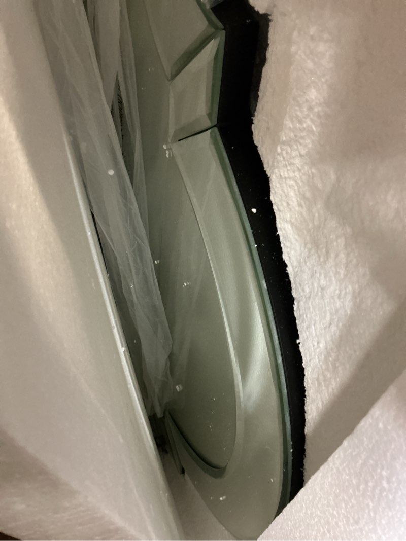 Condition photo showing New/Like New for Chende Arched Full Length Mirror, 59" x 30" Large Decorative Wall Mirror with Beveled Glass Frame for Wall Decor Living Room, Bathroom, Bedroom, Dining Room, Unique Design 59"L x 30"W