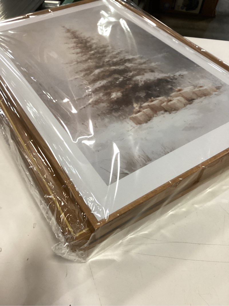 Condition photo showing Good Condition for (Measure unknown)set of 3, Framed Canvas Wall Art Prints Winter Pine Forest Snowy Landscape Print Antique Rustic Christmas Painting Vintage Farmhouse Holiday Decor, set of 3
