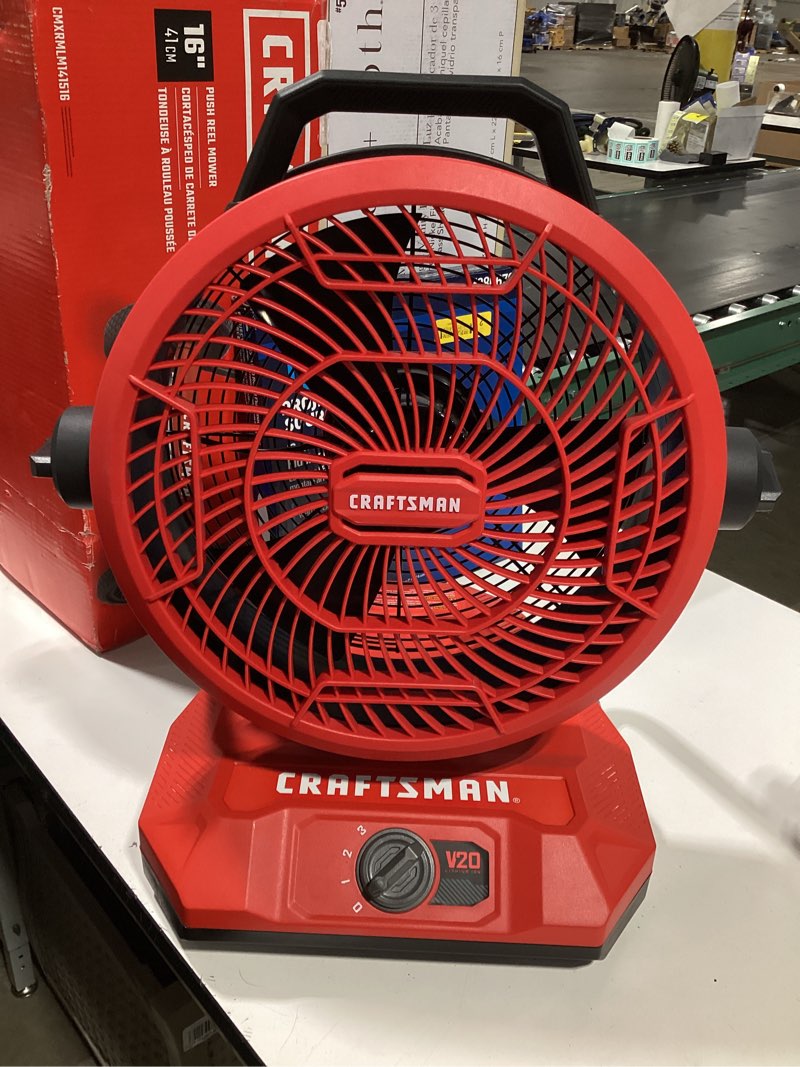 Condition photo showing As Is for craftsman 12-in 20 -volt 3 -speed high velocity indoor red and black industrial fan- battery not included
