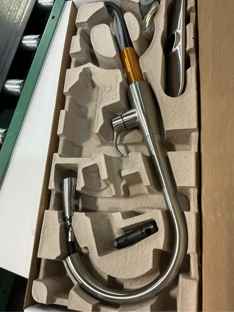 Condition photo showing Good Condition for kohler 596-vs simplice kitchen sink faucets with pull down sprayer, 3-spray design, vibrant stainless kitchen faucets, high arch vibrant stainless high arch