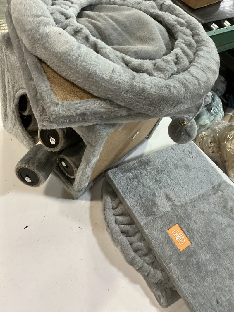 Condition photo showing As Is for heybly cat tree with toy, cat tower condo for indoor cats, cat house with padded plush perch, cozy hammock and sisal scratching posts, light gray hct004sw 43.3 inch light gray