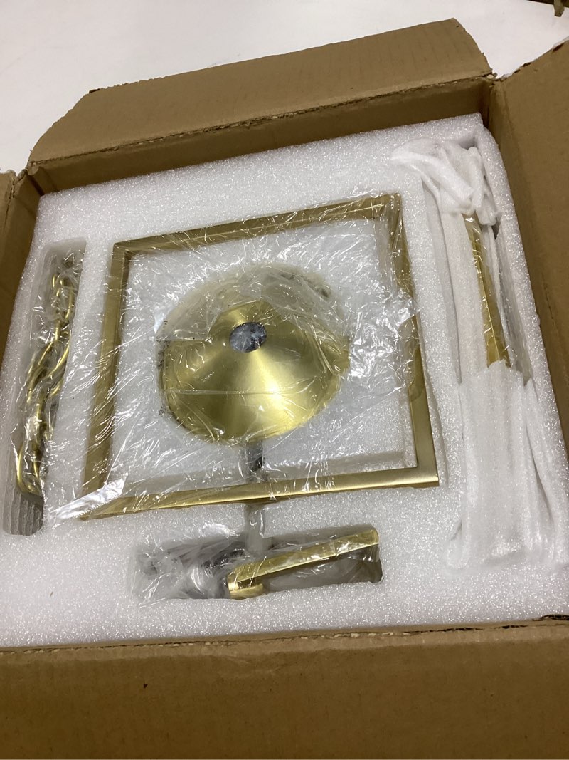 Condition photo showing Good Condition for untrammelife gold lantern chandelier 4-light pendant light modern hanging pendant light fixtures in brushed brass finish, adjustable metal chain geometric chandelier for kitchen island stair foyer