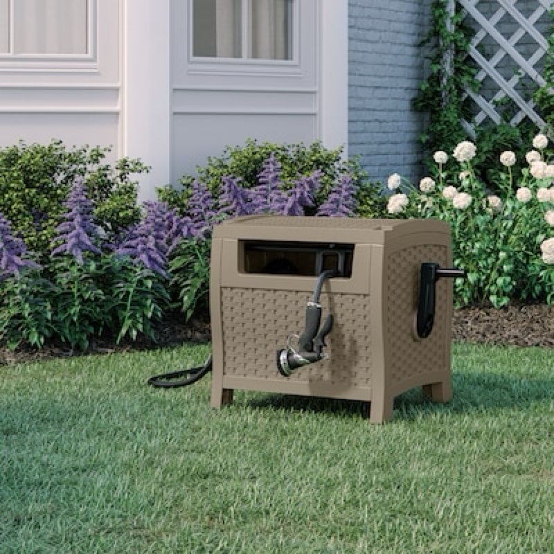 suncast slide trak hideaway plastic 175-ft container hose reel