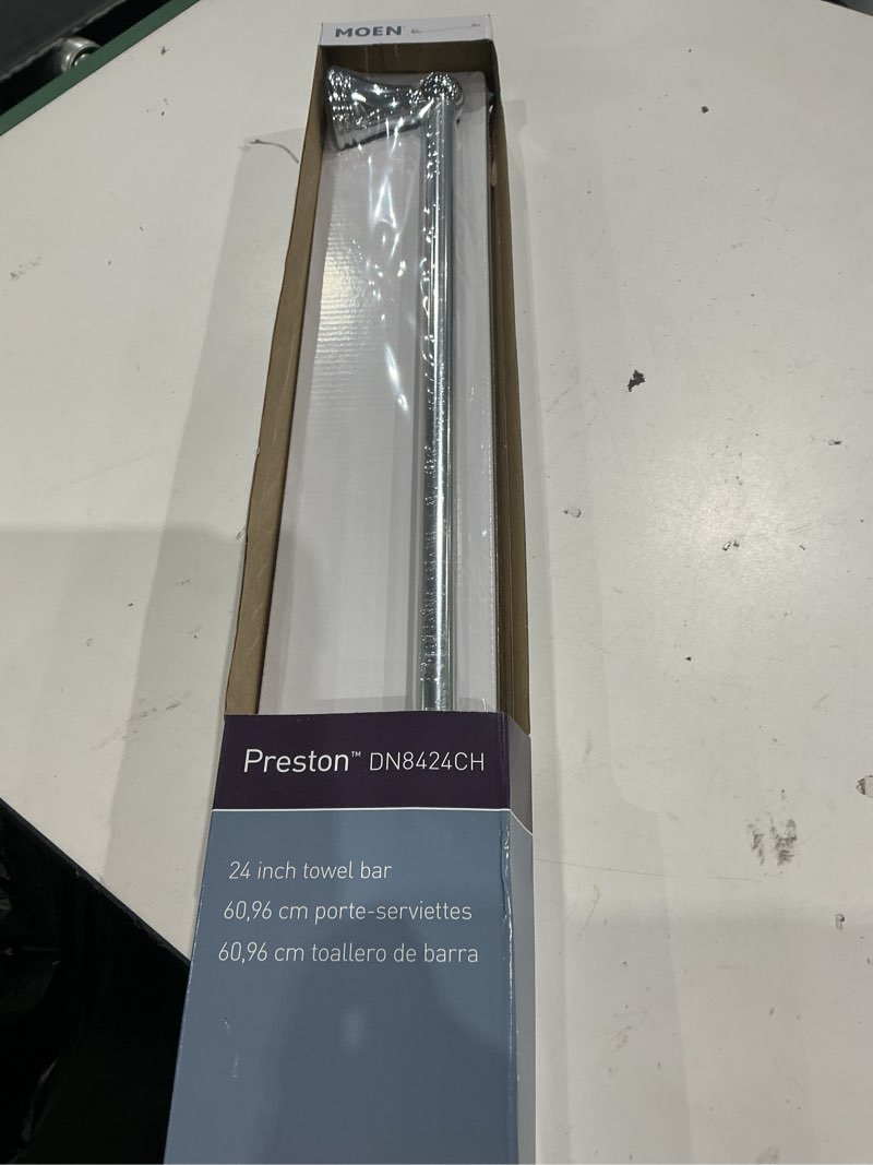 Condition photo showing New/Like New for moen preston collection chrome 24-inch single bathroom towel bar, wall mounted towel hanger for bath or kitchen, dn8424ch