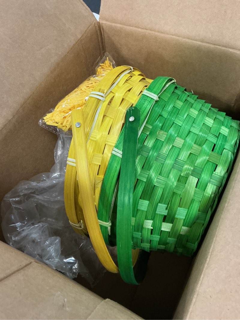 Condition photo showing Good Condition for joyin 2 pcs easter bamboo baskets with handle and 2 colors grass paper shreds, empty gift basket for easter egg hunt, kids party supplies, filling with candy & party favors (yellow, green)
