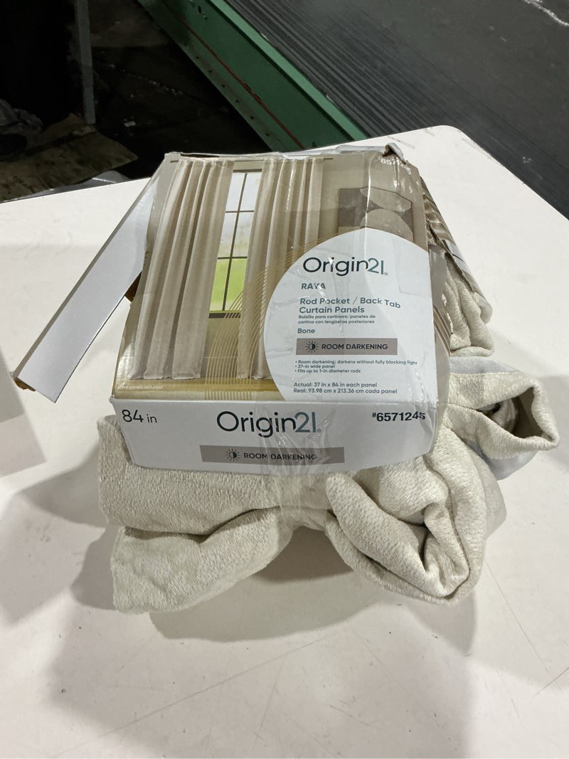 Condition photo showing As Is for origin 21 84-in bone room darkening interlined back tab curtain panel pair