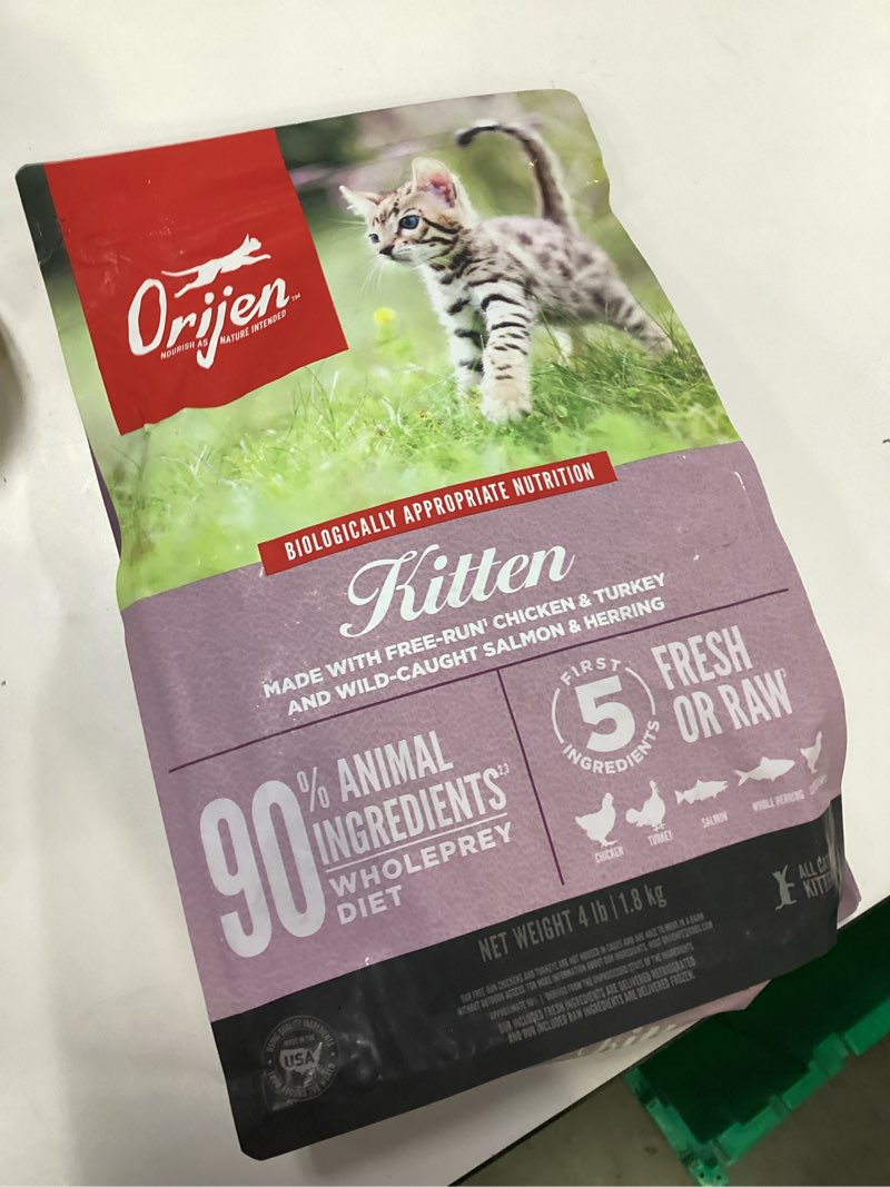 Condition photo showing New/Like New for (It has no expiration date)ORIJEN Grain Free High Protein Premium Dry Cat Food Kitten Recipe 4lb Bag Kitten Recipe 4 Pound (Pack of 1)