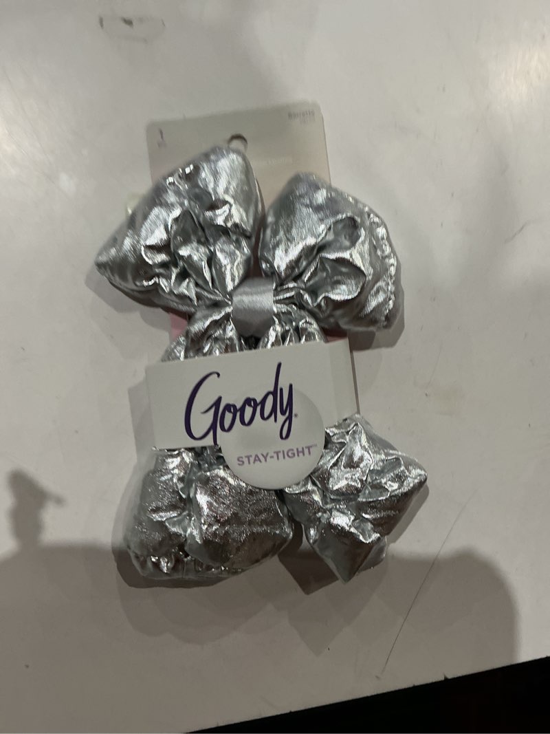 Condition photo showing Good Condition for goody luxe puffer bow barrette, shimmery silver, stay-tight stylish hair clip, 1 count