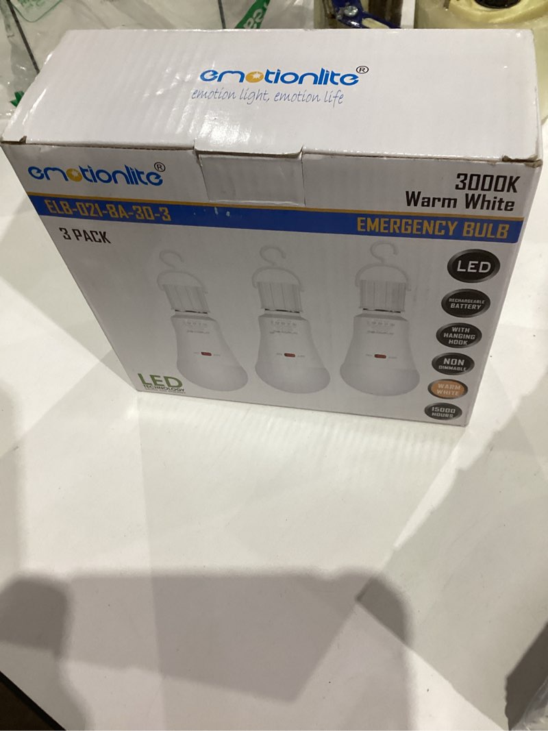 Condition photo showing New/Like New for Emotionlite Rechargeable Emergency Light Bulb, 1800mAh Battery Backup for Home Power Failure, Outage Emergency Reading Lighting Camping Hurricane, 3 Brightness Dimmable, Warm White, E26 Base, 3 Pack 3000K 3 Packs