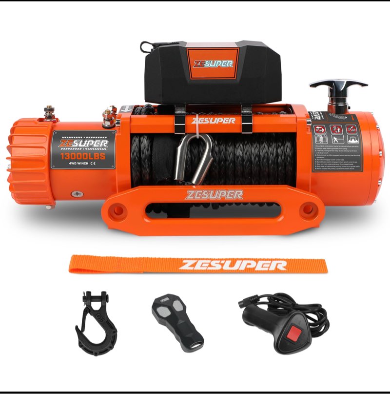 zesuper 13000 lbs electric winch kit, ip68 waterproof 12v winch for jeeps,trucks,suv, synthetic rope winch with wireless handheld re