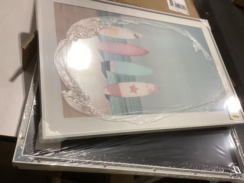 Condition photo showing As Is for Framed Coastal Wall Art for Living Room, 3 Piece Beach Surfboard Palm Tree Artwork for Walls, Large Ocean Surfing Seascape Picture Prints, Beach Coastal Wall Decor for Bedroom Hallway Office, 16x24 In 3 Piece with Mat-Coastal Surfing