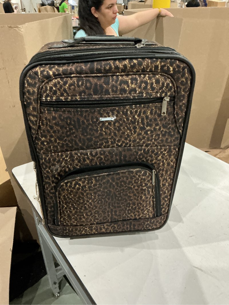 Condition photo showing As Is for rockland fashion softside upright luggage set, leopard, 2-piece (14/19) 2 piece (19"/14" tote) leopard