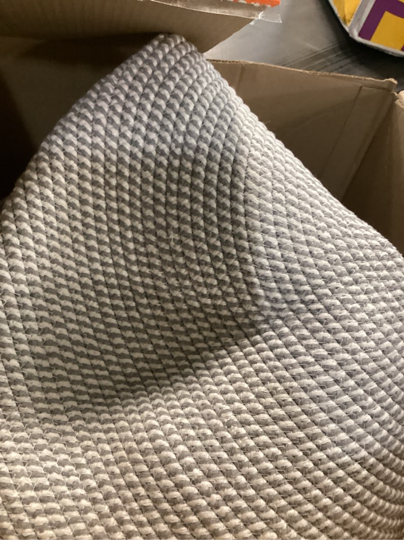 Condition photo showing Good Condition for Large Blanket Storage Basket for Living Room, 22.8" x 22.8" x 13" Woven Cotton Rope Basket with Handles, Baby Toy Storage, Laundry Hamper for Clothes, Pillows, Towels-Grey and White Grey and White 90L