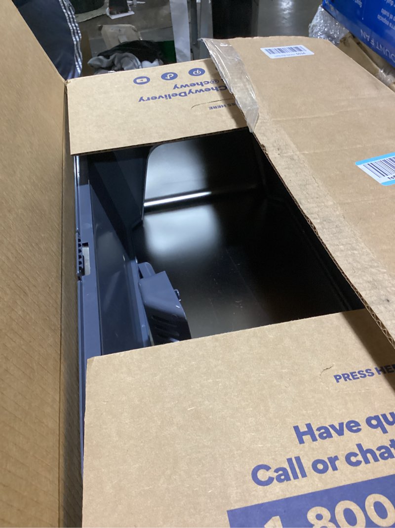 Condition photo showing As Is for stainless steel litter box with high sides, xl high sided cat litter pan, open top extra large metal cat litter box, non-stick, odor free, leakproof, scoop included, gray
