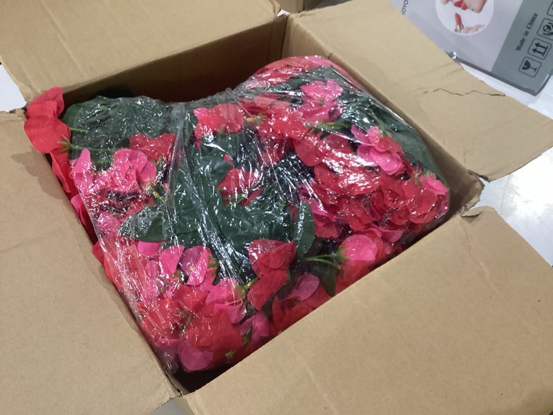 Condition photo showing New/Like New for artificial fake hanging flower plants basket for outdoors spring summer decoration, faux bougainvillea flowers in planter look real uv resistant silk flower for outside porch patio garden home decor hotpinkred