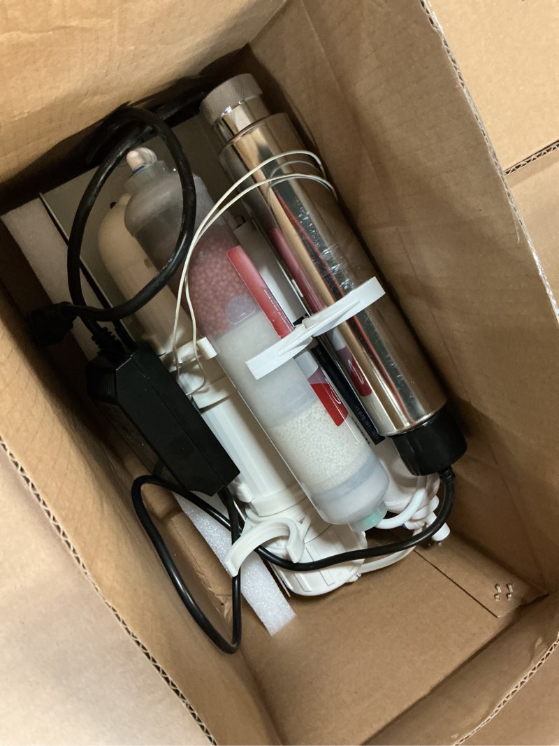 Condition photo showing As Is for ispring rcc1up-ak 100gpd under sink 7-stage reverse osmosis ro drinking filtration system and water filter for sink with alkaline remineralization, booster pump and uv ultraviolet filter, white