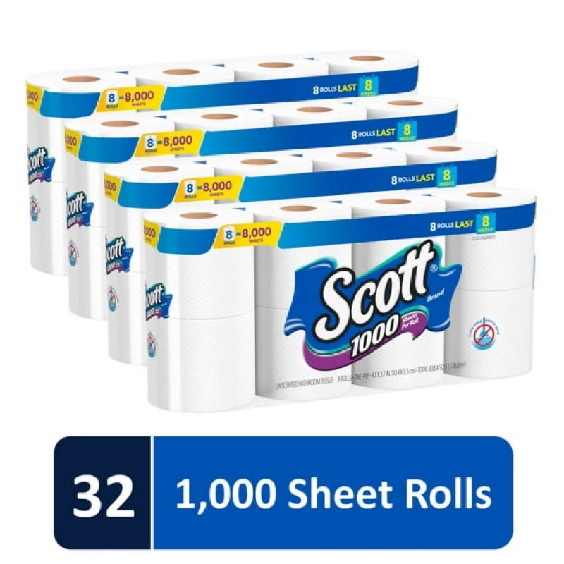 scott 1000 toilet paper, 32 rolls, 1,000 sheets per roll (32,000 total)