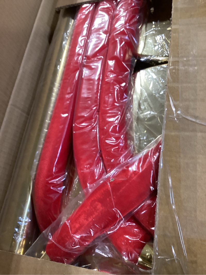 Condition photo showing Good Condition for 4 pcs gold stanchions with velvet ropes with 3 pcs 5 ft red velvet ropes carpet ropes posts stanchion set for crowd control barriers for weddings, events, hotels, and party decor 4 gold