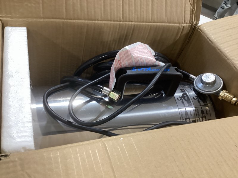 Condition photo showing Good Condition for flame king 60,000 btu portable propane forced air heater outdoor great for jobsite, construction, garage, patio, stainless steel